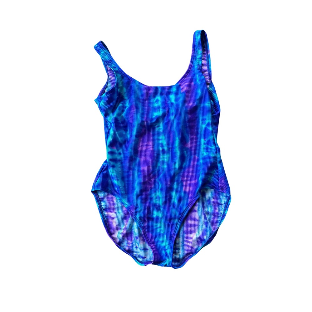 Blue Purple Tie Dye Ribbed One Piece‎ Swimsuit Scoop Neck High Cut Leg